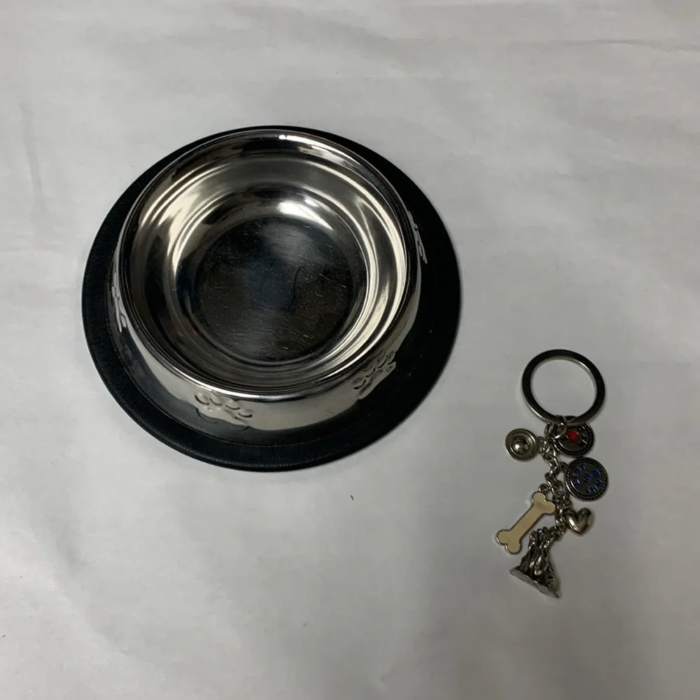 Stainless non skid Small Dog Dish With Raised Paws and key chain